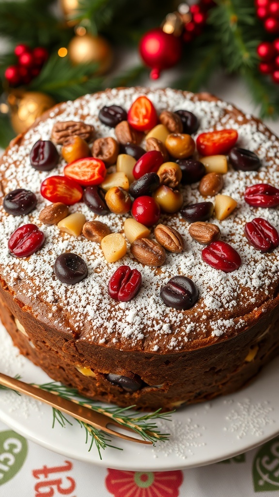 A festive Christmas fruitcake with dried fruits and nuts, decorated with powdered sugar, on a holiday-themed table.